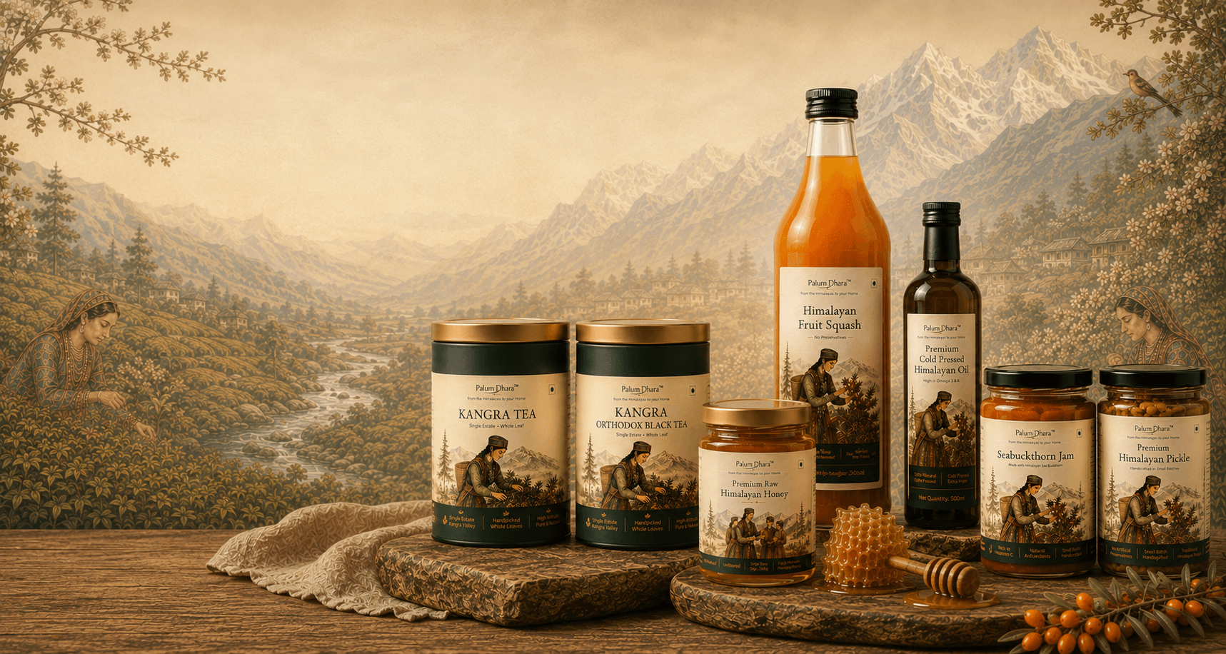 Palum Dhara tea, honey, squash, jam, pickle and oil arranged on a wooden table before the Dhauladhar range