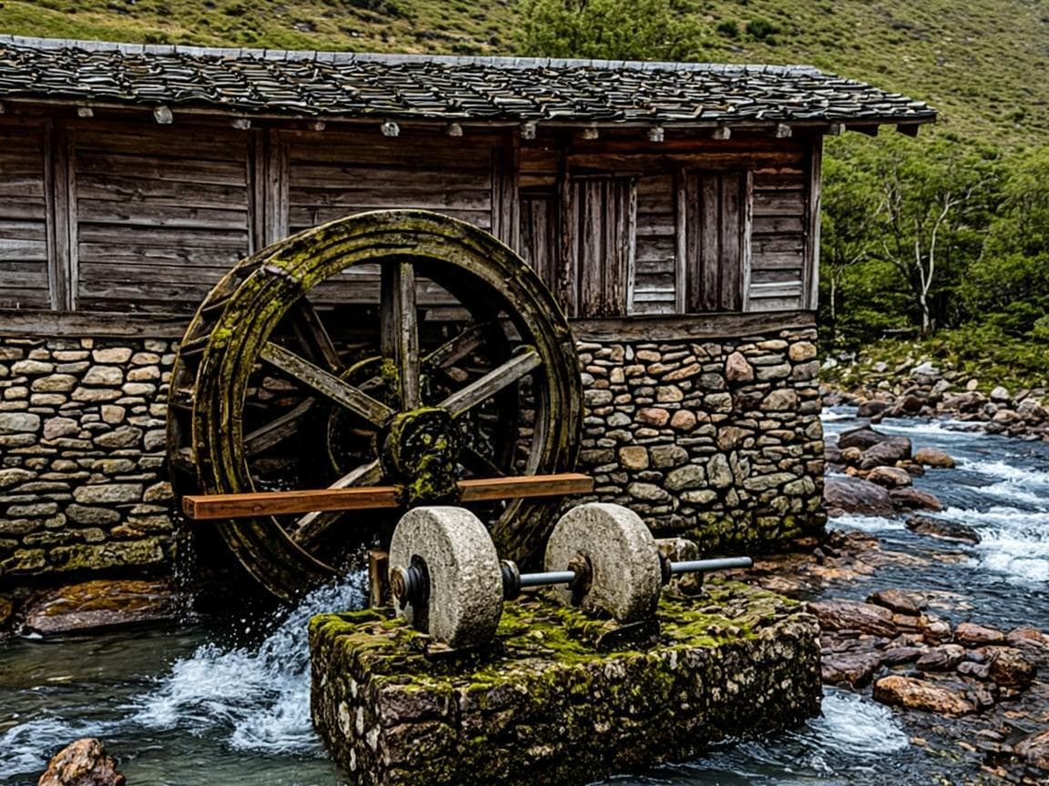 A traditional Himalayan gharat water mill with a wooden waterwheel beside a mountain stream