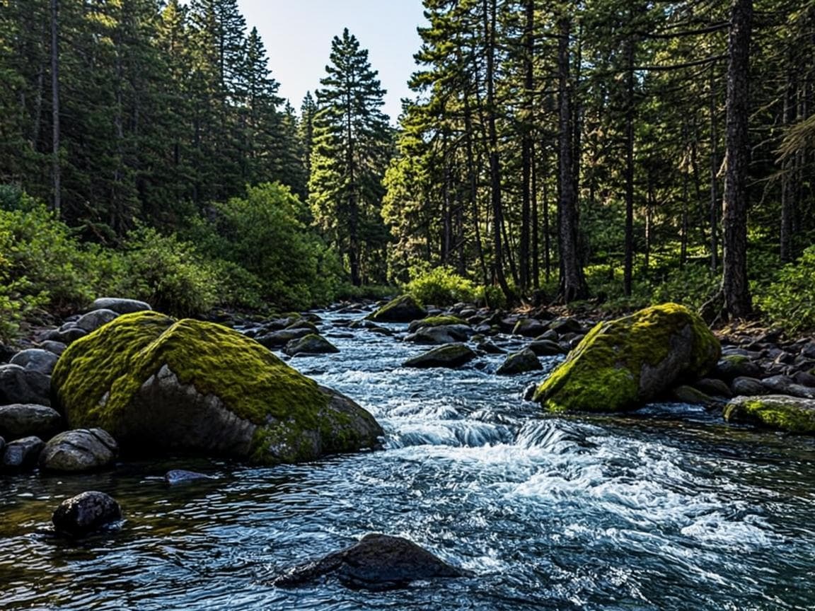A clear Himalayan mountain stream rushing over mossy stones in Kangra Valley