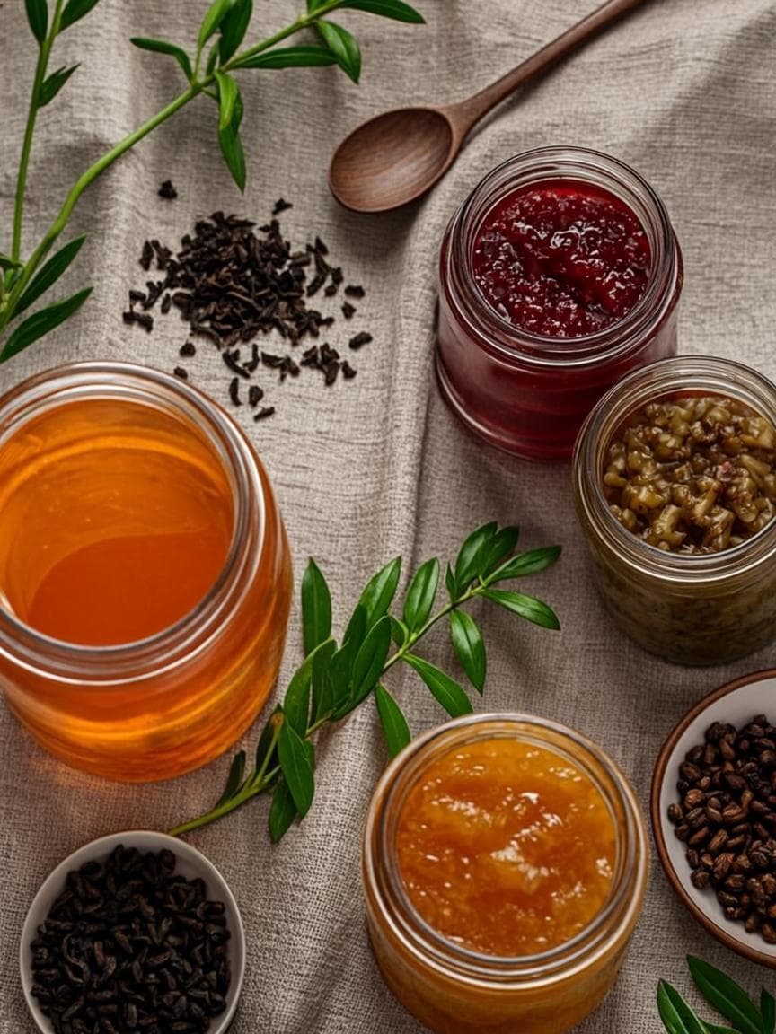 Curated Himalayan harvest — honey, tea, preserves, and pickles arranged on linen in morning light