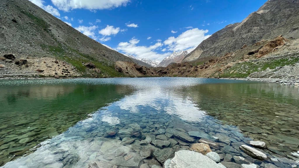 A high-altitude crystal clear glacial lake surrounded by Himalayan mountains